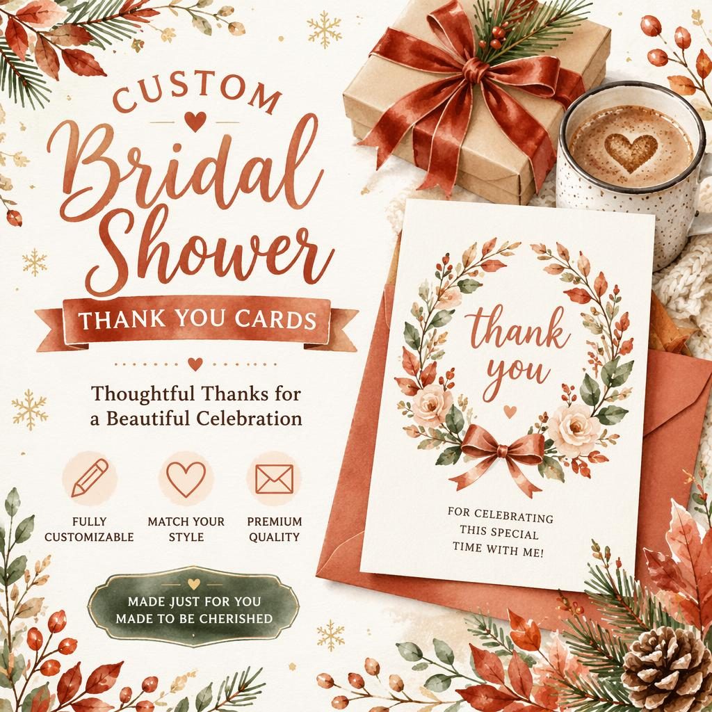 Watercolor Christmas postcard with playful bridal shower theme, autumn rust palette, and sharp placeholder typography.