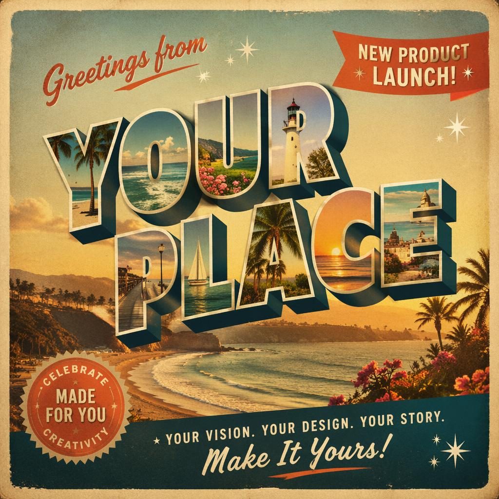 Vintage-style 6x4 postcard design with festive product launch theme, warm sun-faded colors, and sharp placeholder typography