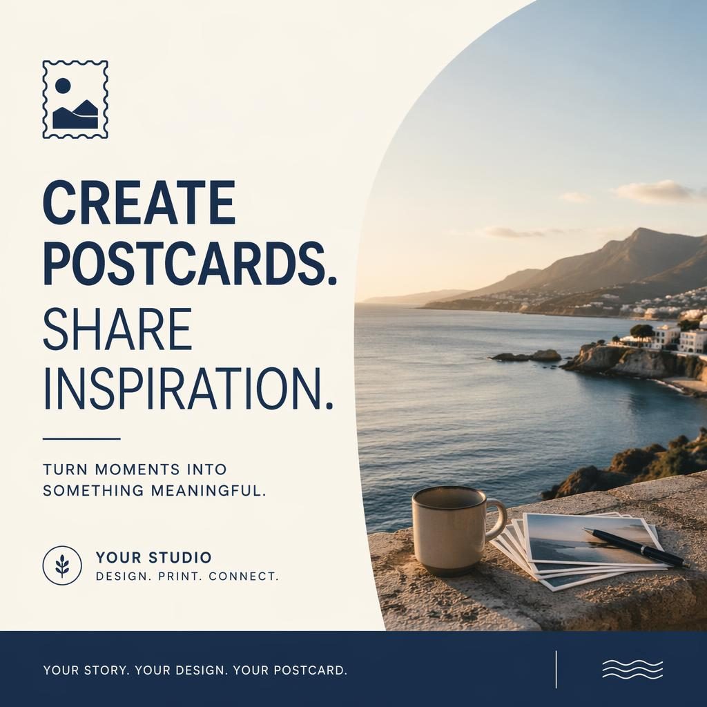 Minimalist Swiss-style 6x4 postcard in cream and navy with clean placeholder typography and warm welcoming layout