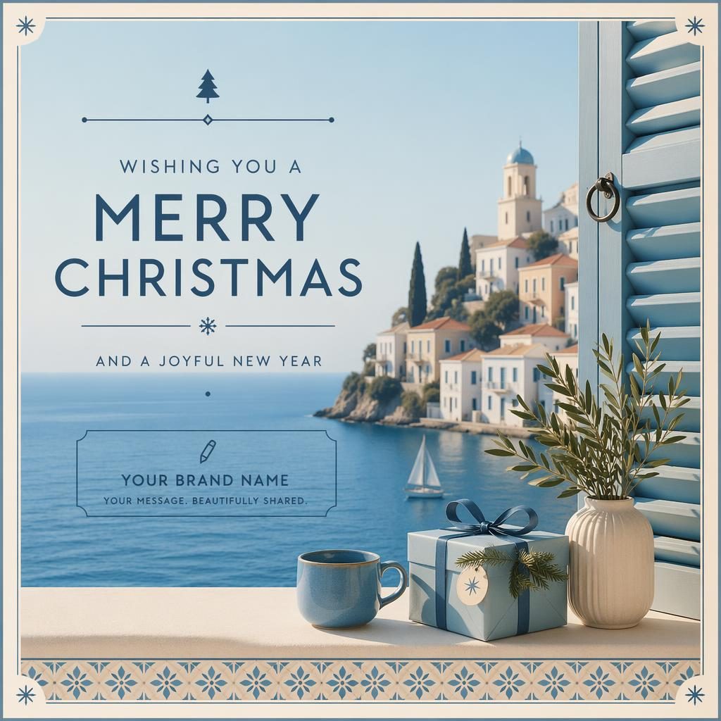 Illustrated 6x4 holiday postcard in Mediterranean blue and Wes Anderson palette with clean placeholder typography and calm Christmas scene.