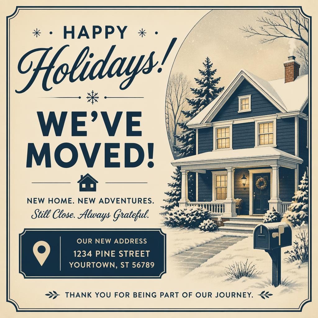 Vintage 6x4 postcard design in cream and navy with clean placeholder typography and a warm holiday moving announcement layout