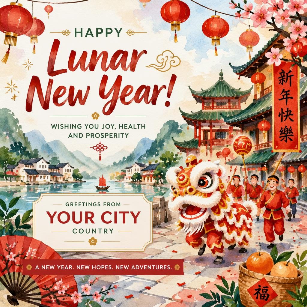 Watercolor travel souvenir postcard with playful red and green Lunar New Year imagery and clean placeholder typography.