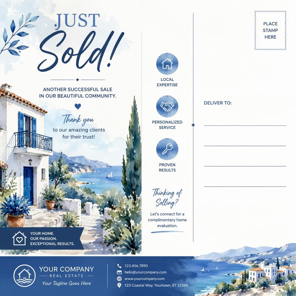 Aquarell-Postkarte im mediterranen Blau, Just-Sold-Immobilienmotiv mit klaren Platzhaltertexten und 6x4-Zoll-Layout