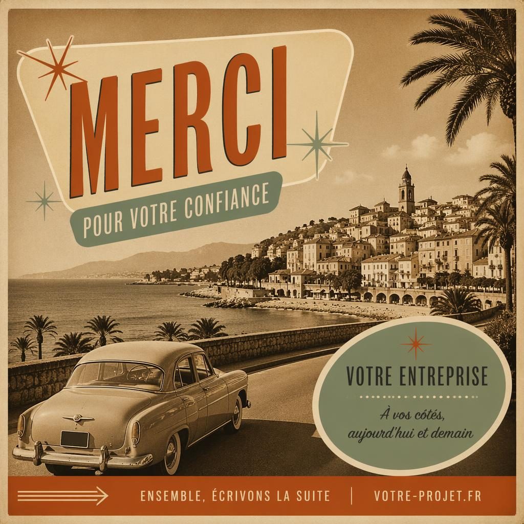 Carte de remerciement style carte postale rétro années 1960, palette sépia, typographie fictive nette et composition 6×4.