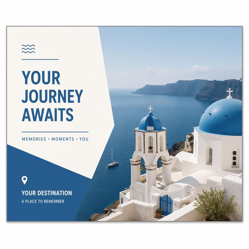 Minimalist Swiss-style travel souvenir postcard with Mediterranean blue palette, clean placeholder typography, and calm scenic illustration.