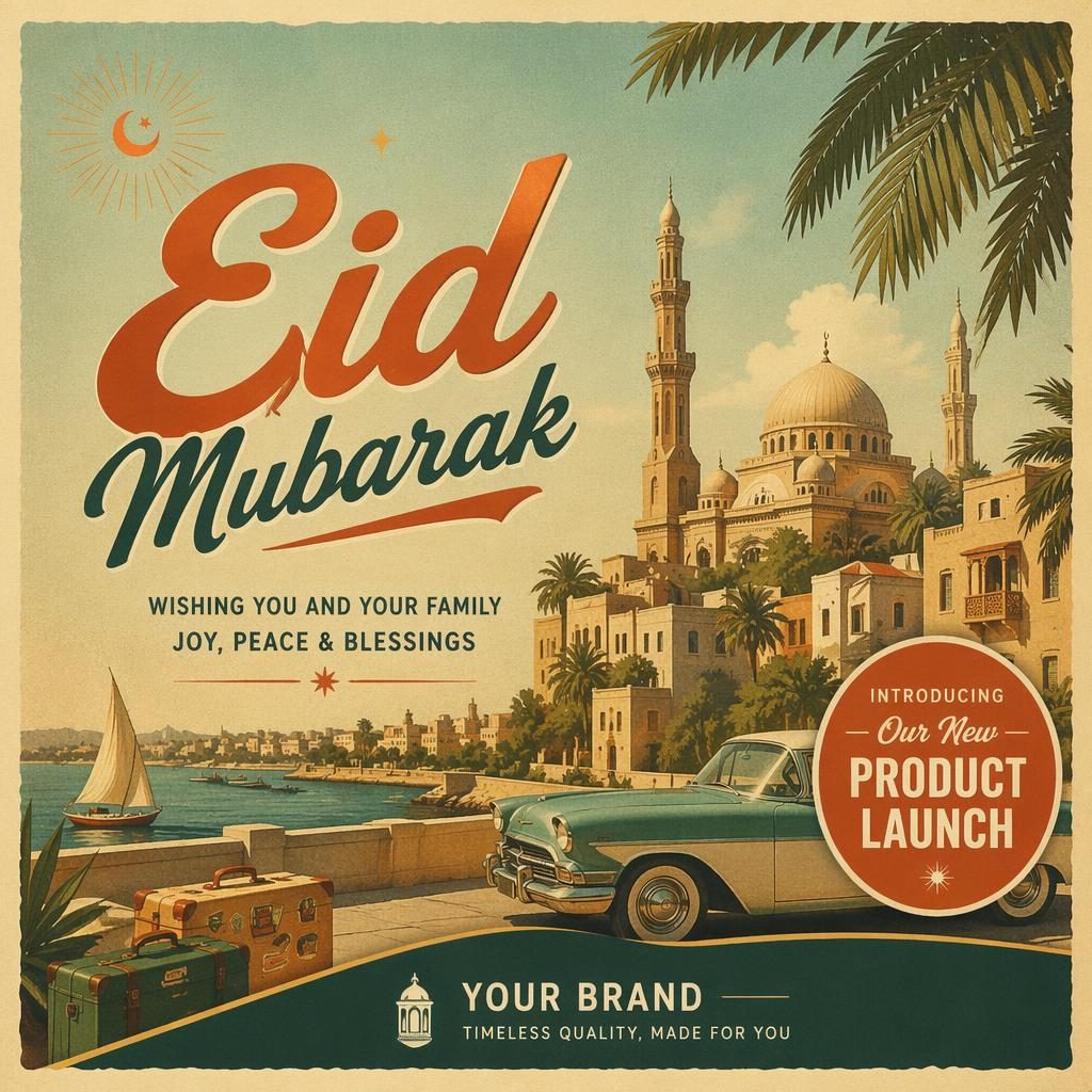 Retro 1960s travel-style Eid postcard with warm faded colors, festive illustration, and sharp placeholder typography