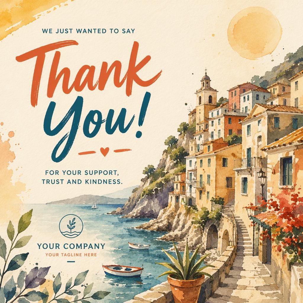 6x4 thank you postcard with watercolor hand-drawn illustration, bold warm sun-faded palette, and sharp placeholder typography