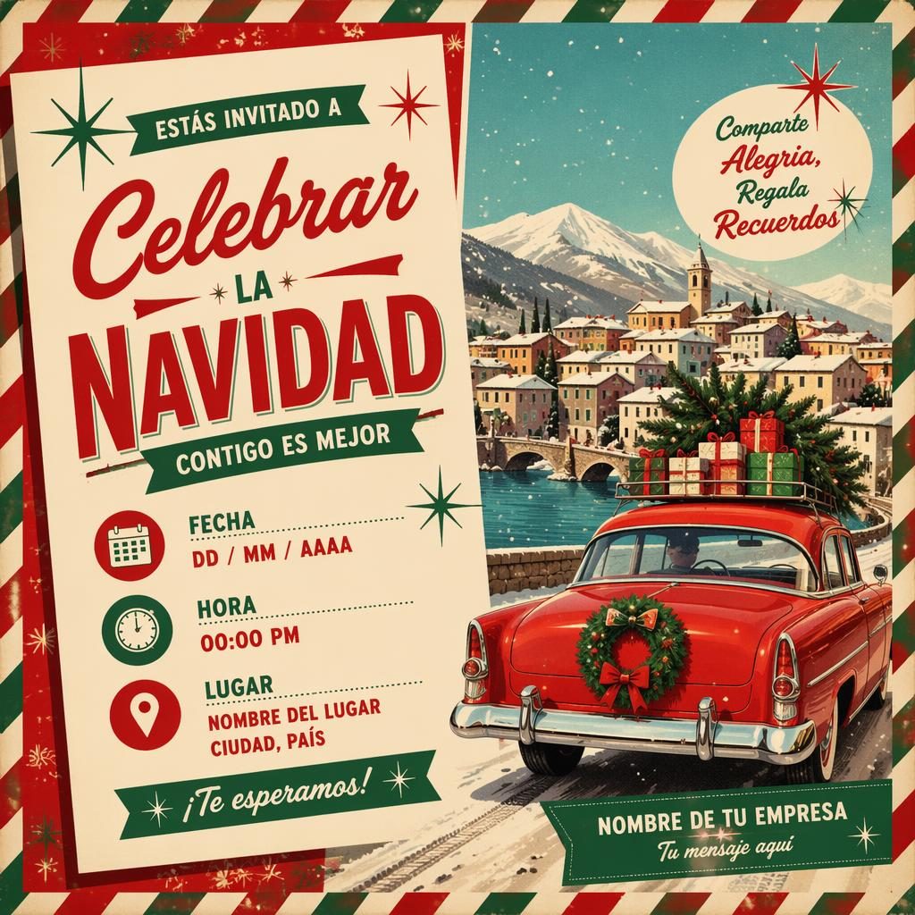 Postal invitación navideña estilo viaje retro de los años 60, en rojo y verde, con tipografía de marcador de posición.