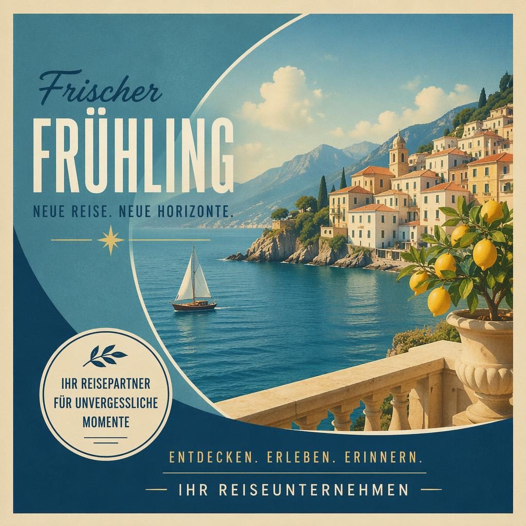 Retro-Postkarte im Stil der 1960er mit mediterraner blauer Farbpalette, saisonalem Motiv und klarer Platzhalter-Typografie