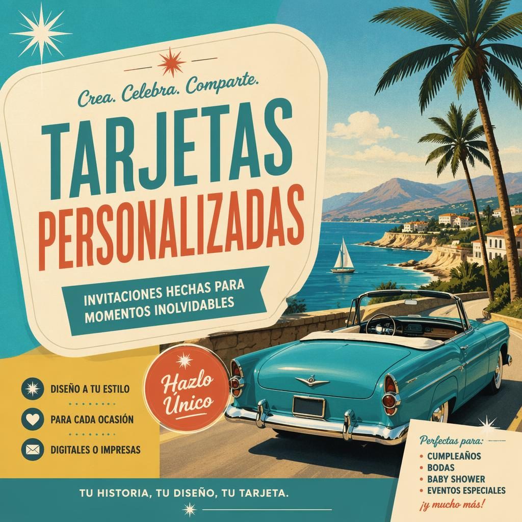 Postcard 6x4 de invitación con ilustración retro de viaje años 60, colores vibrantes y tipografía de marcador de posición