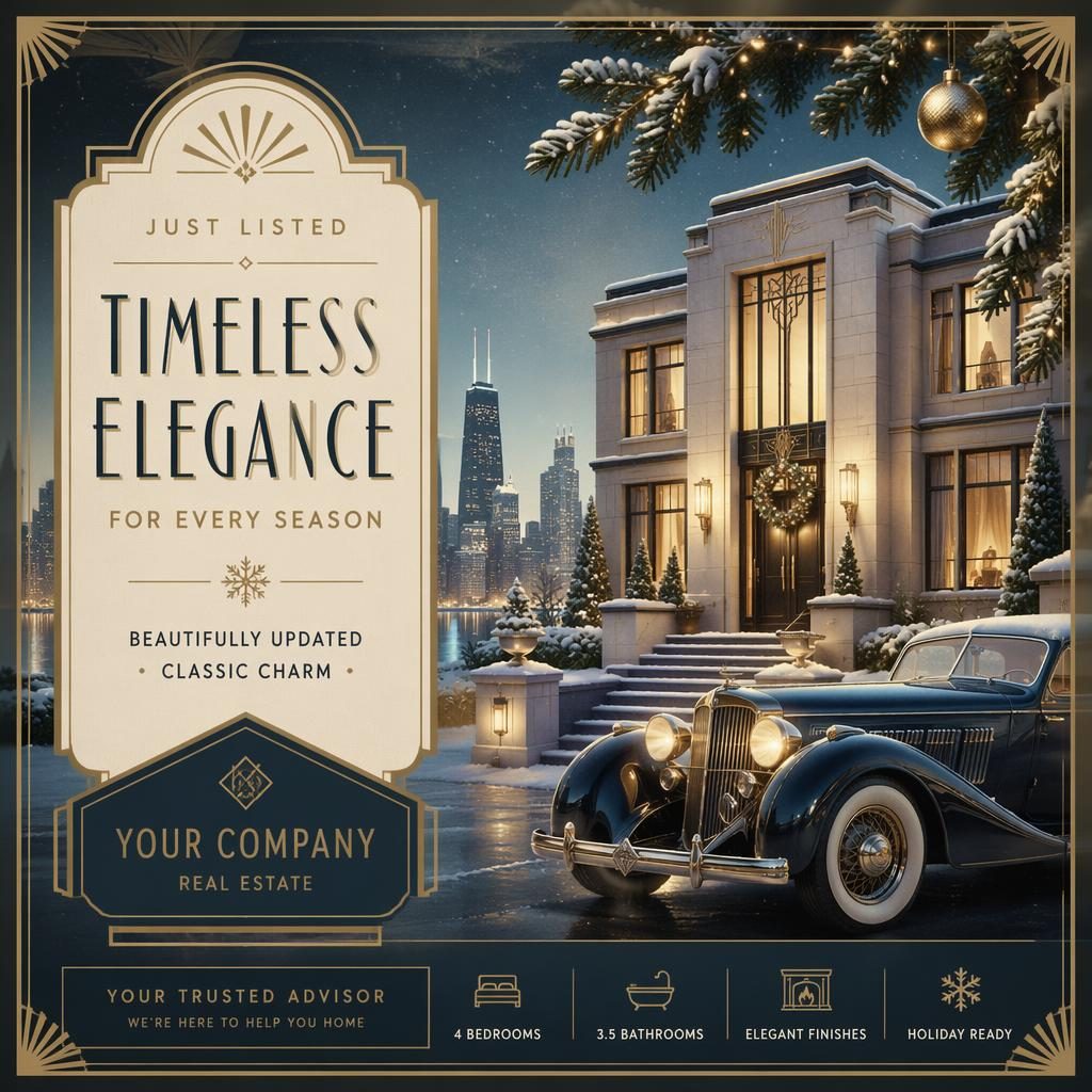 Art deco luxury real estate just listed postcard in winter ice and gold with sharp placeholder typography and elegant layout.