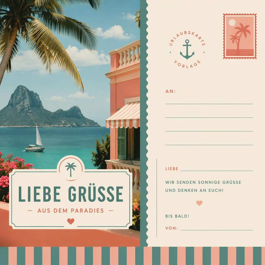 Illustrative Hochzeits-Postkarte im Wes-Anderson-Stil mit tropischen Farben, klarer Platzhalter-Typografie und 6x4-Layout.