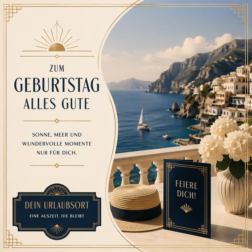 Elegante Geburtstags-Postkarte in Creme und Navy mit Art-déco-Illustration und klarer Platzhalter-Typografie
