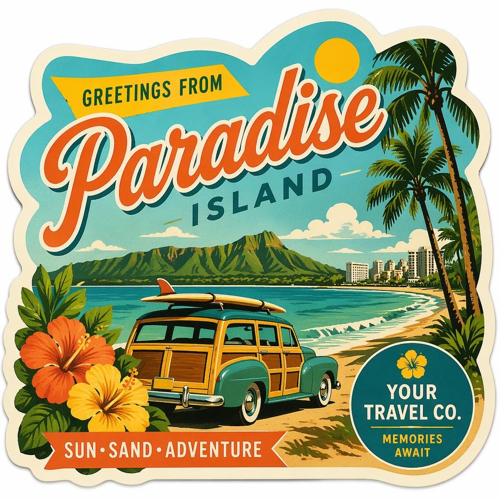 Retro 1960s tropical travel souvenir postcard with vibrant colors, playful layout, and sharp placeholder typography.