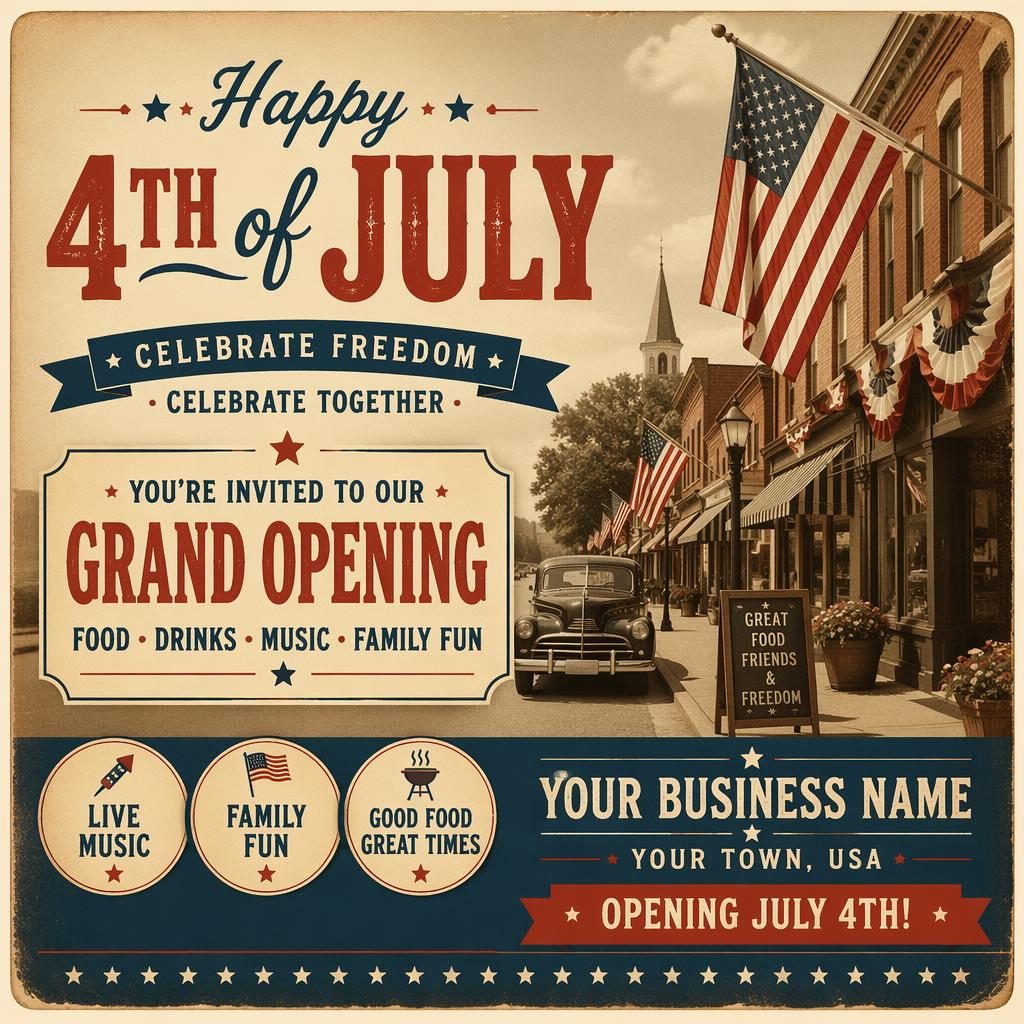 Vintage sepia 4th of July postcard design with patriotic illustration, readable placeholder typography, and business opening layout