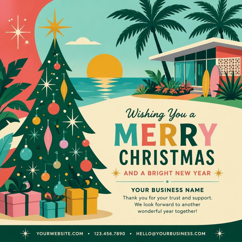6x4 Christmas business postcard design with mid-century modern tropical illustration, vibrant colors, and clean placeholder typography