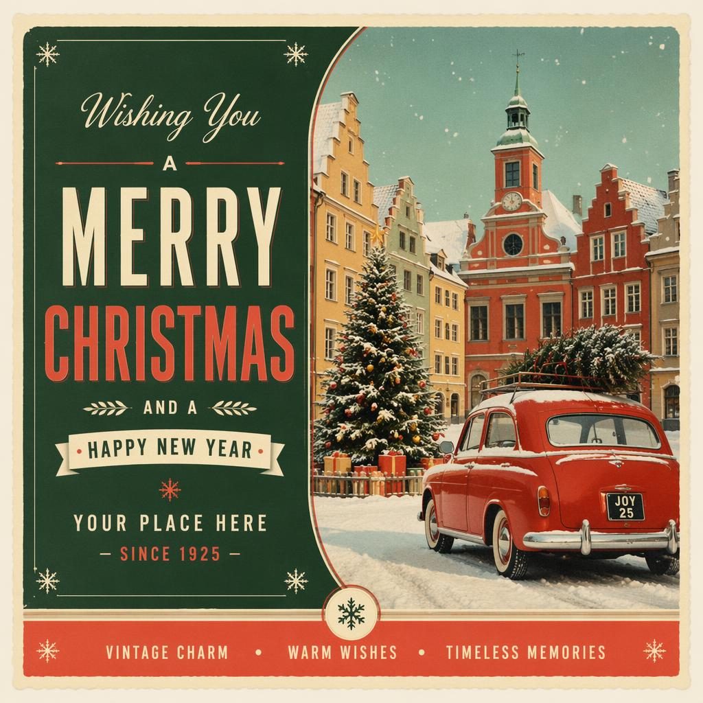 Illustrated 6x4 holiday postcard with festive vintage decor, playful Wes Anderson colors, and sharp placeholder typography