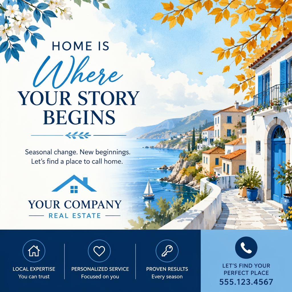 Colorful illustrated 6x4 seasonal real estate postcard with mediterranean blue palette, home scene, and sharp placeholder text
