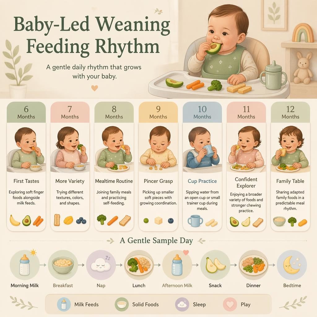 Infografía vertical en tonos pastel sobre Baby-Led Weaning con etapas de 6 a 12 meses, rutina diaria, bebé en silla alta y alimentos blandos.
