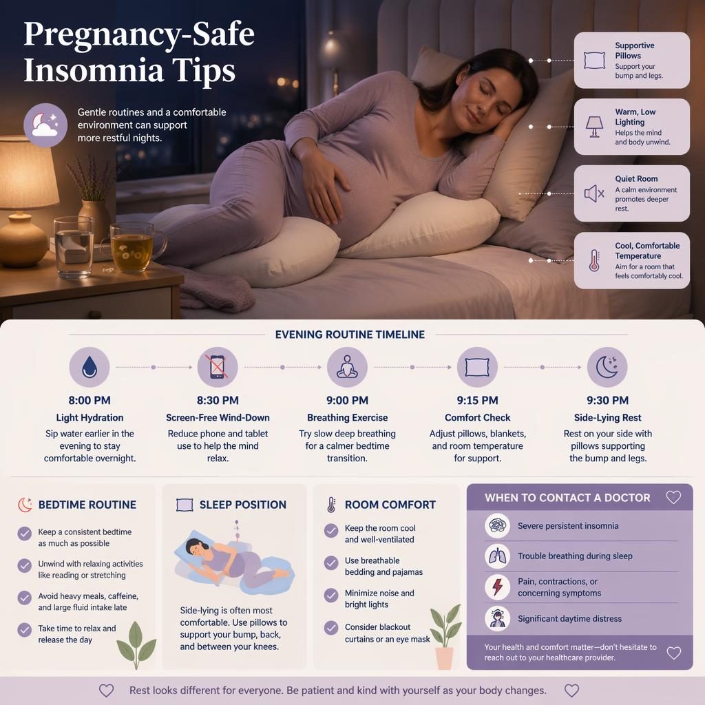 Minimal pastel infographic of a pregnant woman side-lying in bed with pillows, tea, water, lamp, timeline, and sleep tips.