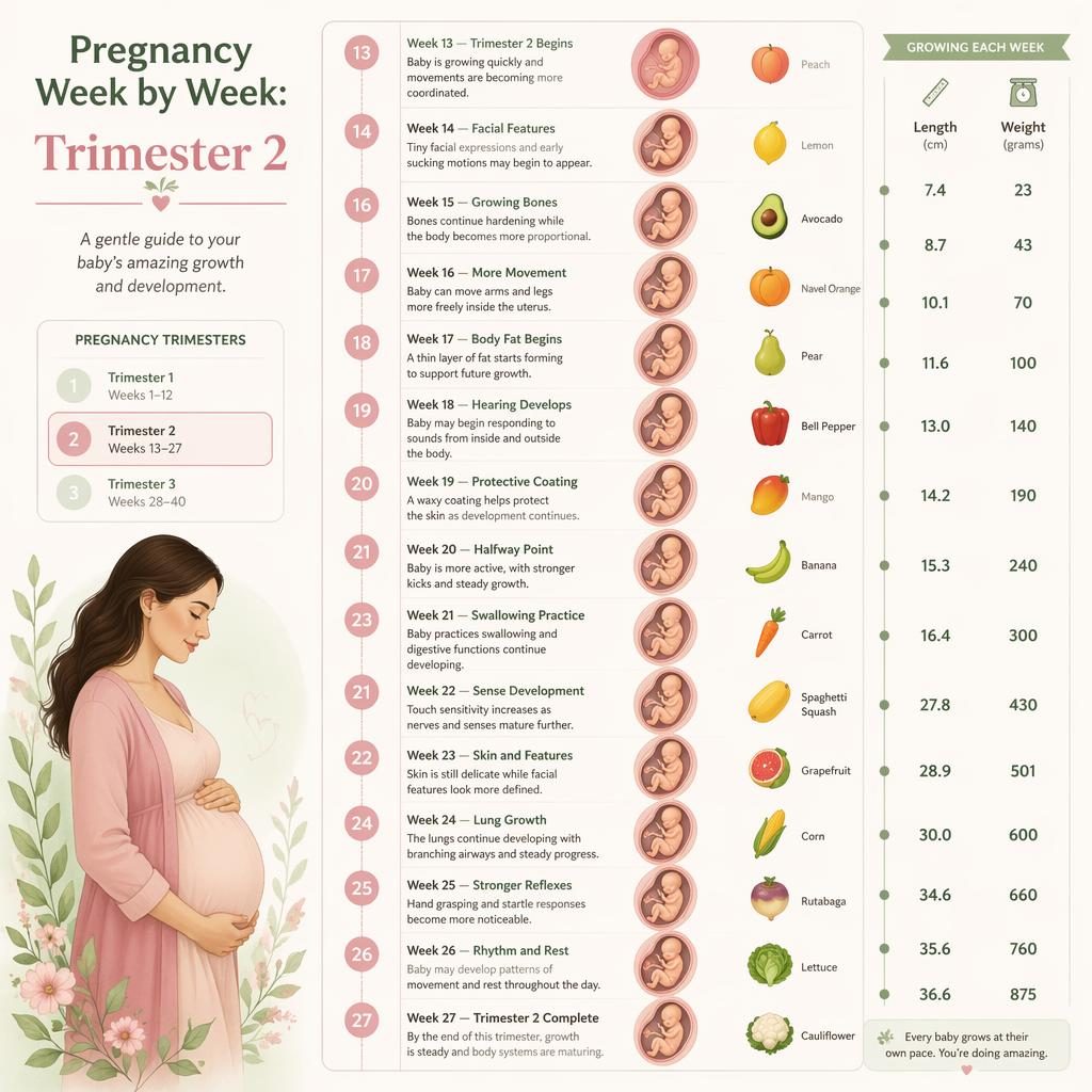 Infografía vertical del segundo trimestre con madre embarazada, semanas 13 a 27 y desarrollo fetal en estilo pastel editorial.