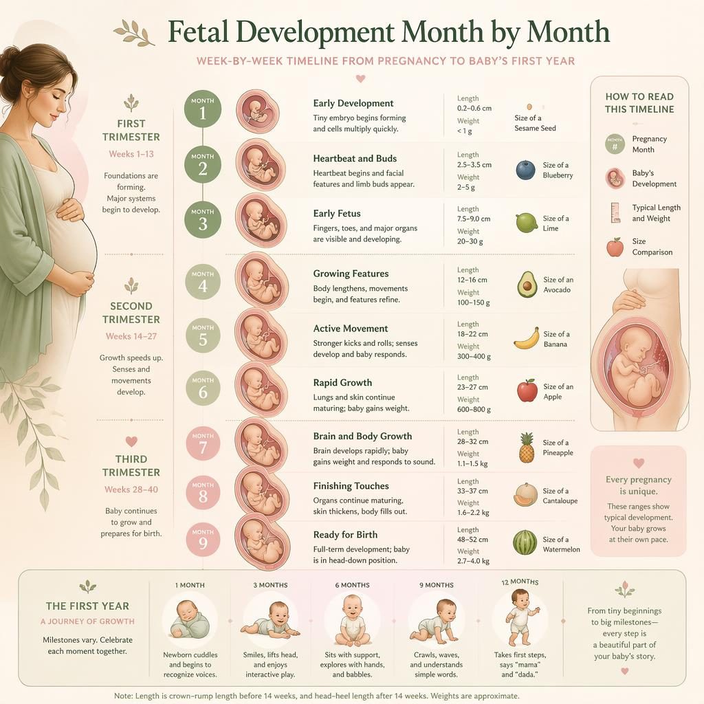 Infographie pastel de la grossesse montrant le développement fœtal mois par mois, par trimestres, avec silhouettes et mesures.
