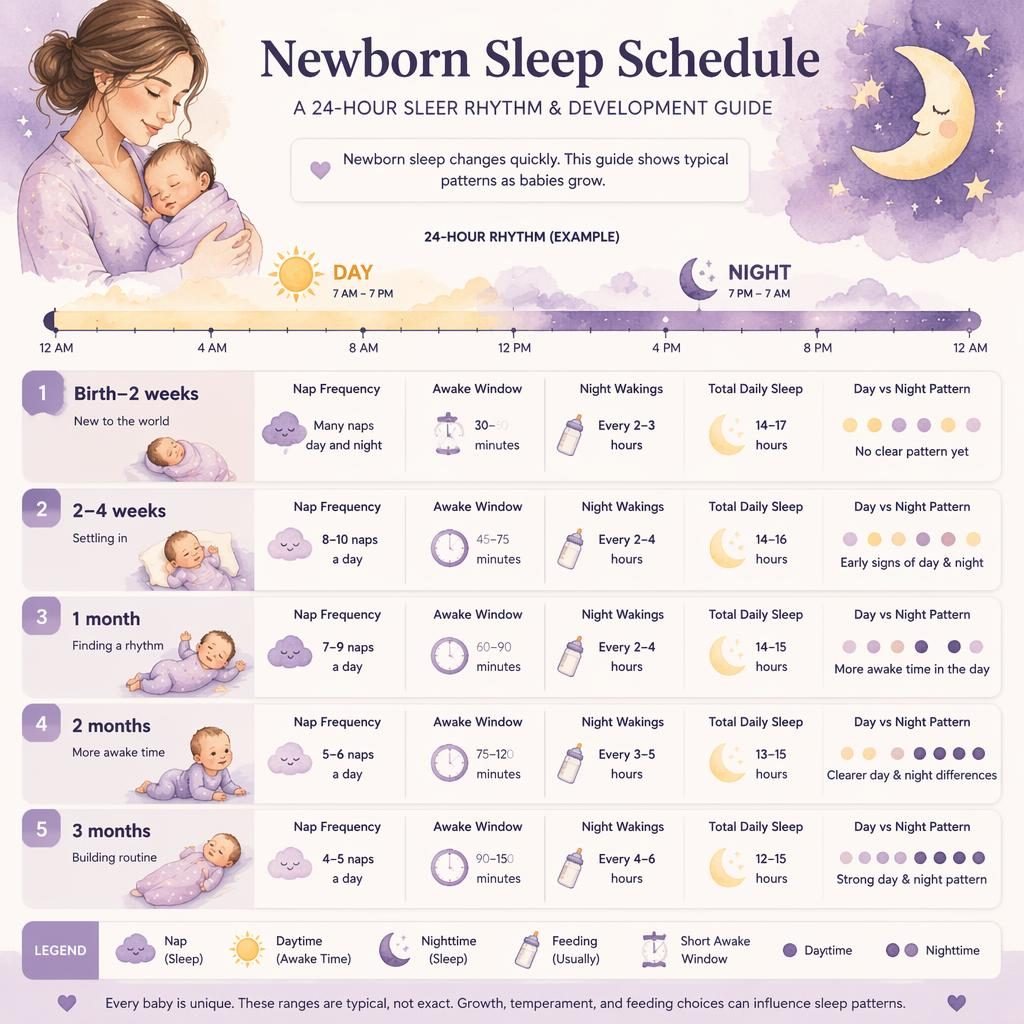 Infografía médica suave en acuarela sobre horario de sueño del recién nacido con paneles por edad, día y noche, iconos y leyenda.