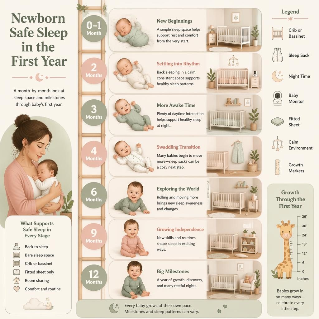 Infografía vertical en tonos salvia y blush sobre sueño seguro del recién nacido de 0 a 12 meses con escalera mensual.