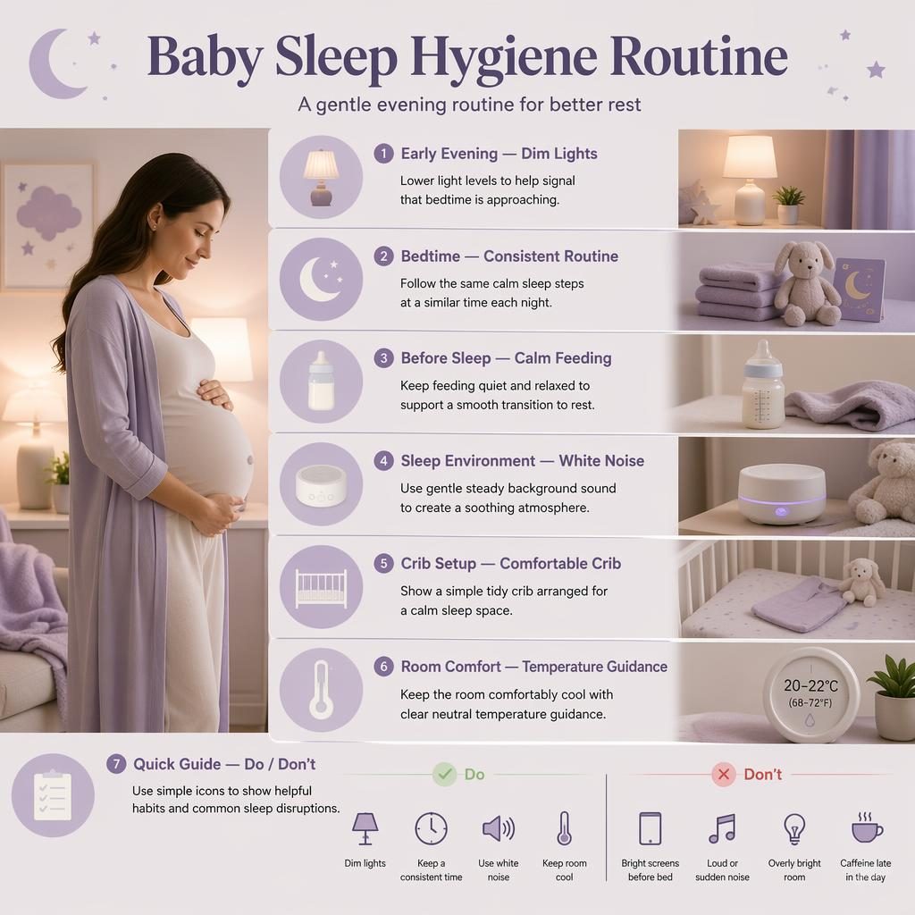 Pastel nursery infographic with baby sleep hygiene routine, crib, lamp, bottle, white-noise device, thermometer, and icons.