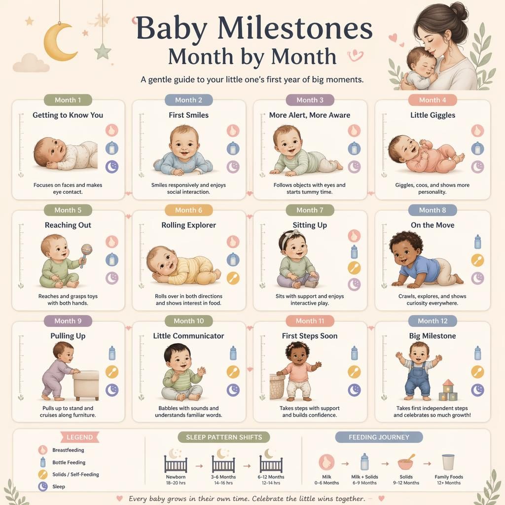 Infografik mit 12 pastelligen Karten zu Baby-Meilensteinen von Monat 1 bis 12, mit Icons für Schlaf, Füttern und Bewegung.