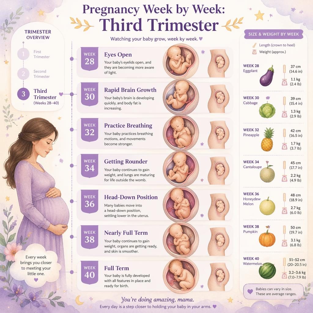 Infografía vertical en acuarela suave sobre bb semana a semana, semanas 28 a 40, con línea de tiempo y hitos del trimestre 3.