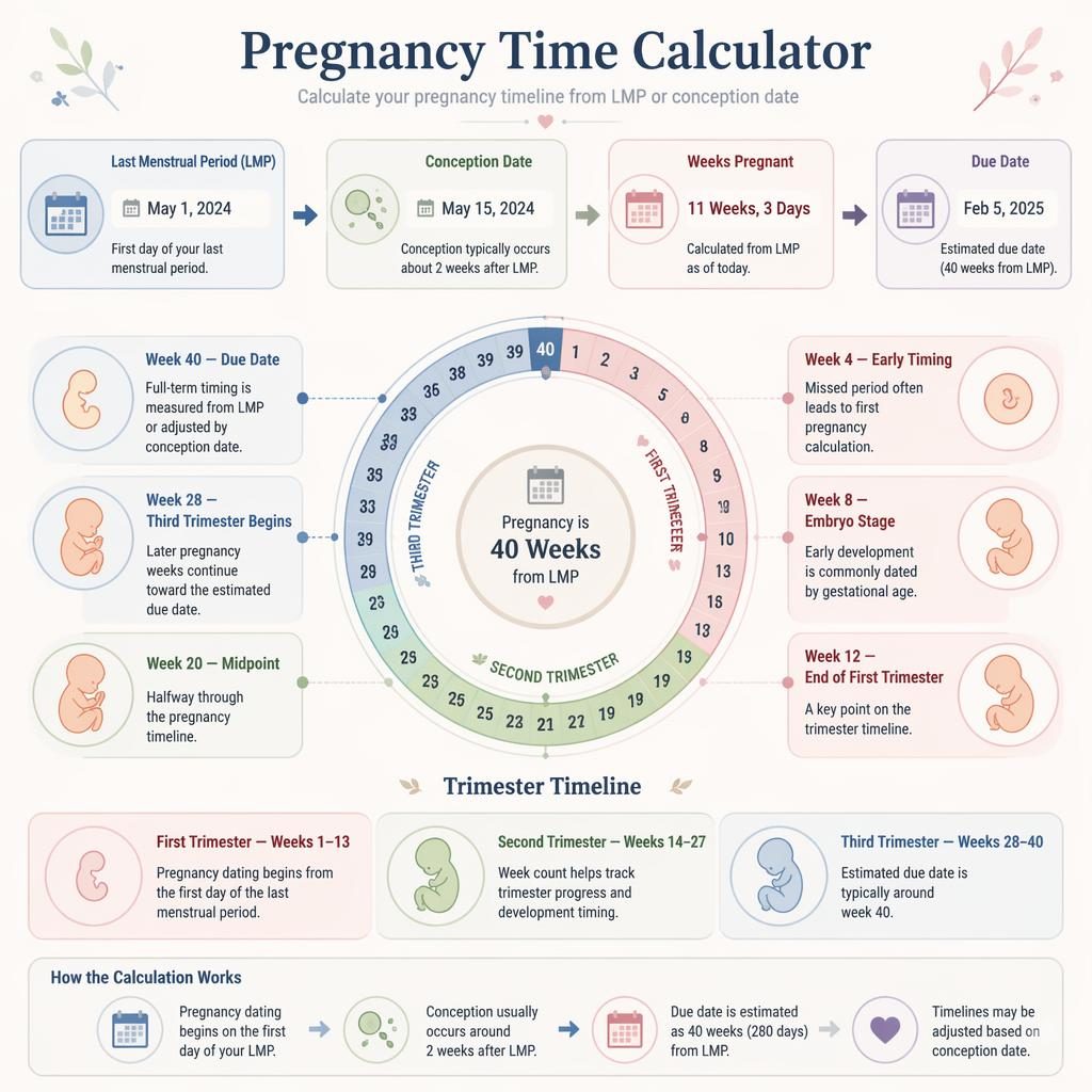 Medical-style pregnancy time calculator infographic with date wheel, trimester timeline, week markers, and pastel growth icons.