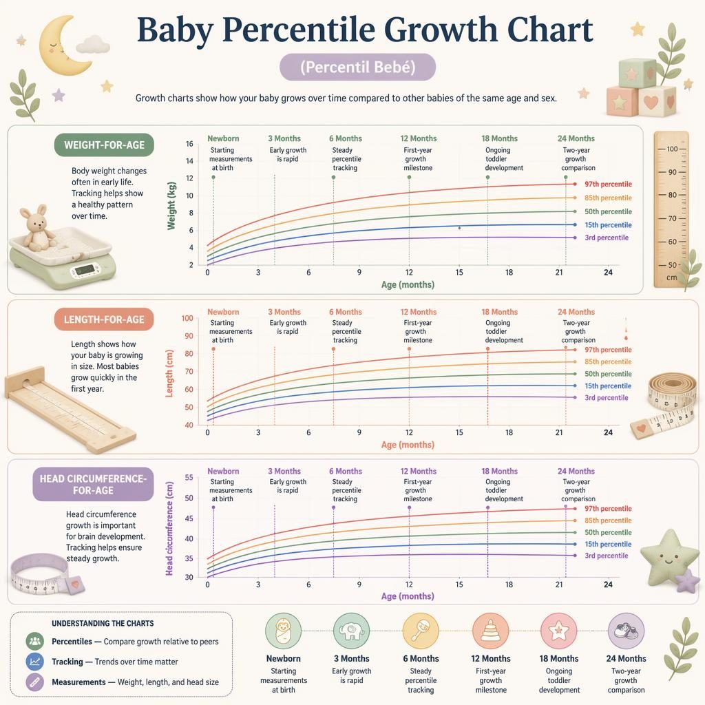 Póster médico limpio con 3 gráficos de crecimiento del bebé: peso, longitud y perímetro cefálico de 0 a 24 meses.