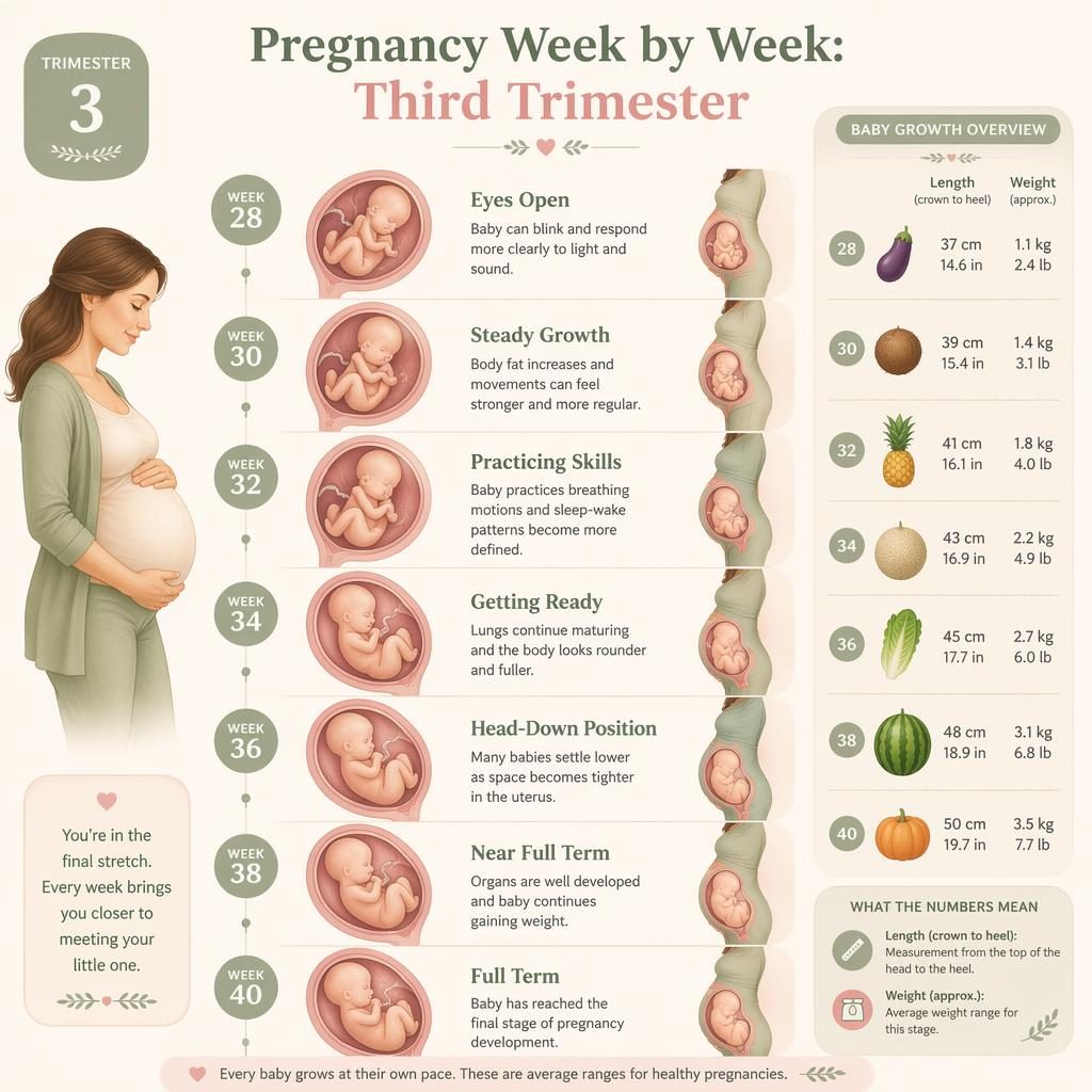 Jemná pastelová infografika třetího trimestru s vertikální časovou osou od 28. do 40. týdne a ilustracemi vývoje plodu.