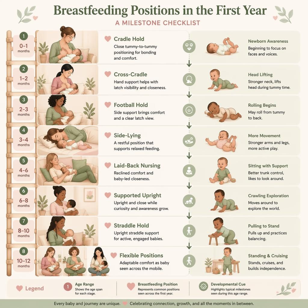 Infografía vertical en tonos salvia y blush con posiciones de lactancia de 0 a 12 meses y viñetas de cuidador y bebé.