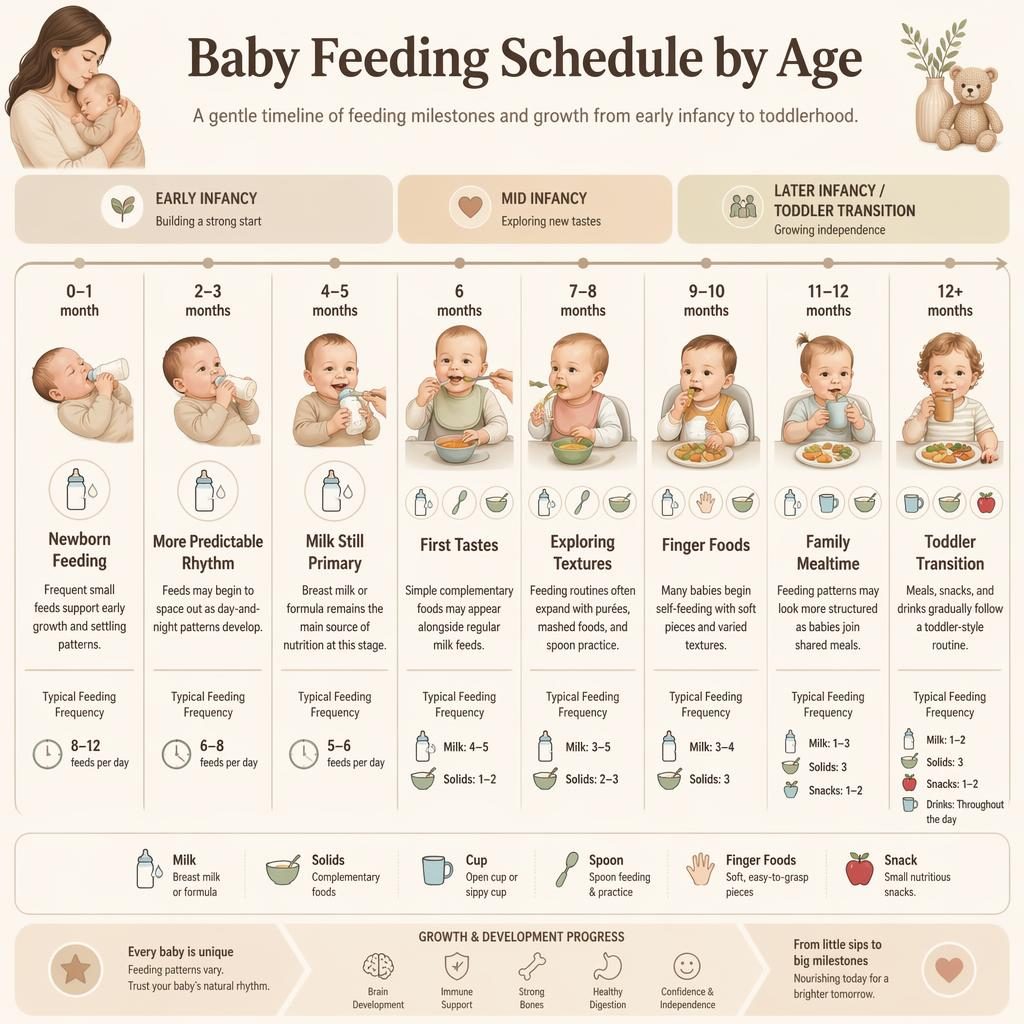 Infografía beige sobre alimentación del bebé por edad con línea de tiempo horizontal, hitos de 0 a 12+ meses e iconos de biberón, taza y cuchara.