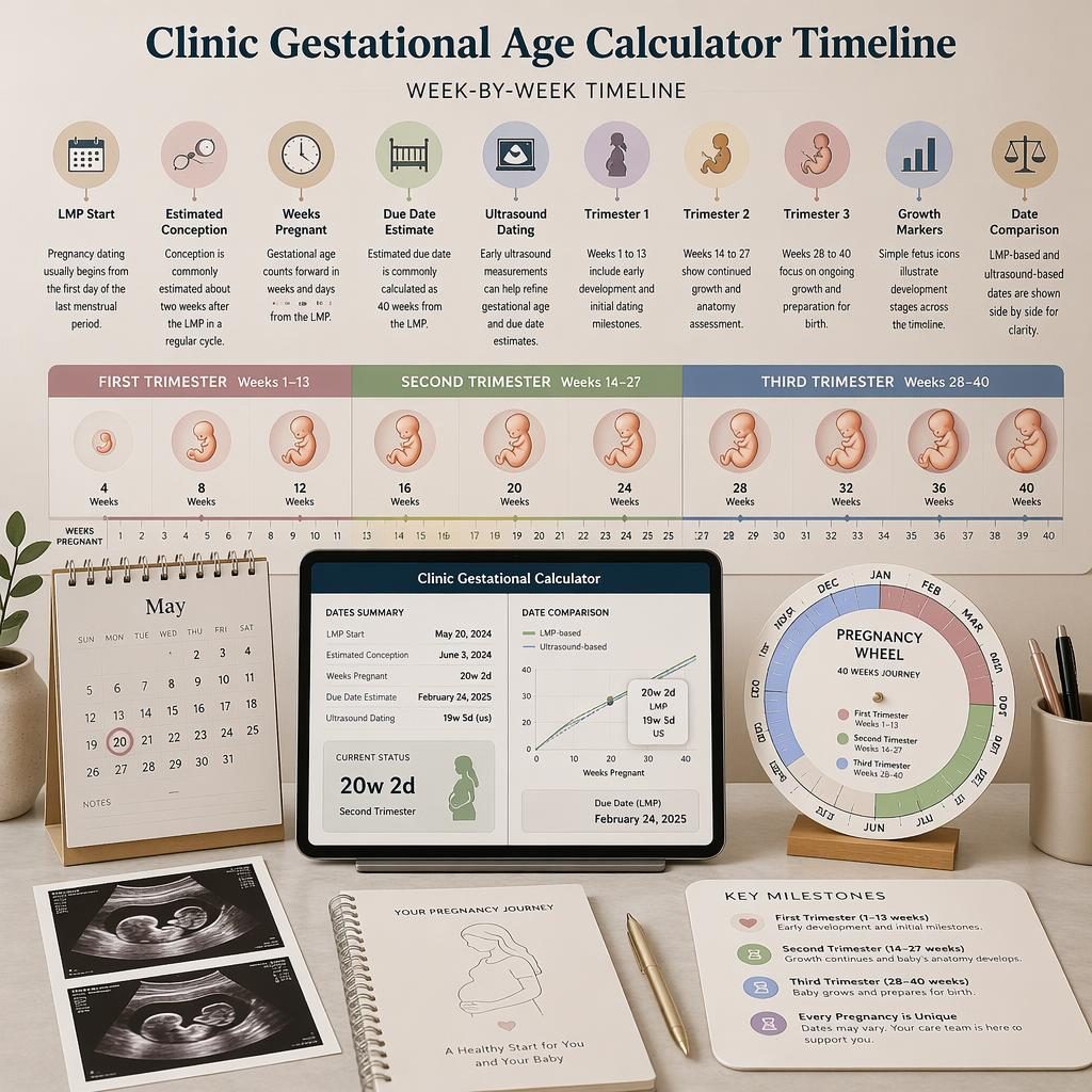 Infografía médica en escritorio clínico con calculadora gestacional clinic, trimestres, calendario, rueda de fechas y ecografías.