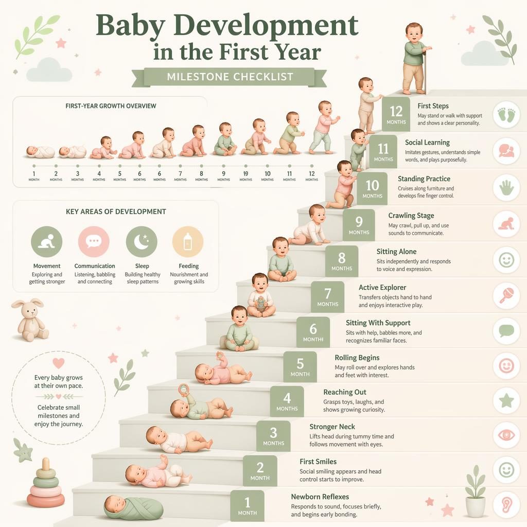 Infografía vertical en tonos salvia y blush con 12 hitos del bebé de 1 a 12 meses en escalera ascendente.