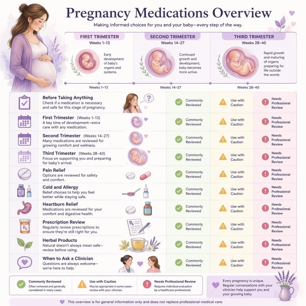 Infografía vertical sobre medicamentos en el embarazo con trimestres, iconos de fármacos y siluetas gestacionales en tonos lavanda.