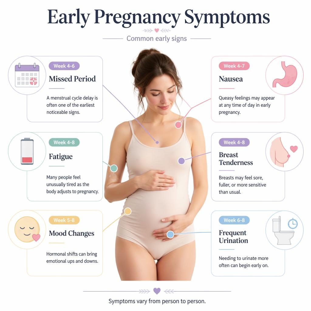 Infografía en blanco con silueta femenina y paneles sobre primeros sintomas de embarazo en semanas 4 a 8.