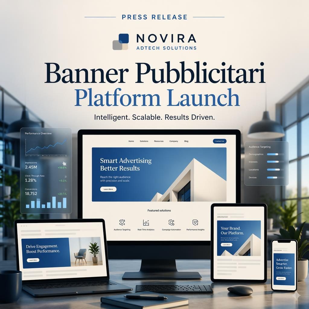 Hero banner 16:9 con workspace marketing moderno, schermi con mockup di banner pubblicitari e tipografia editoriale