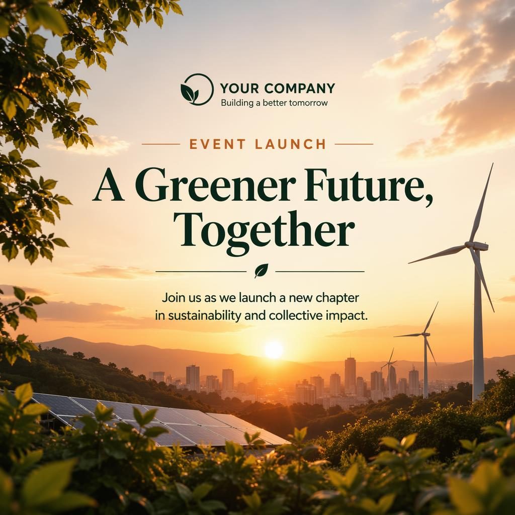 16:9 editorial hero banner with clean placeholder company name and headline, warm sunset tones, and a centered sustainable event launch scene