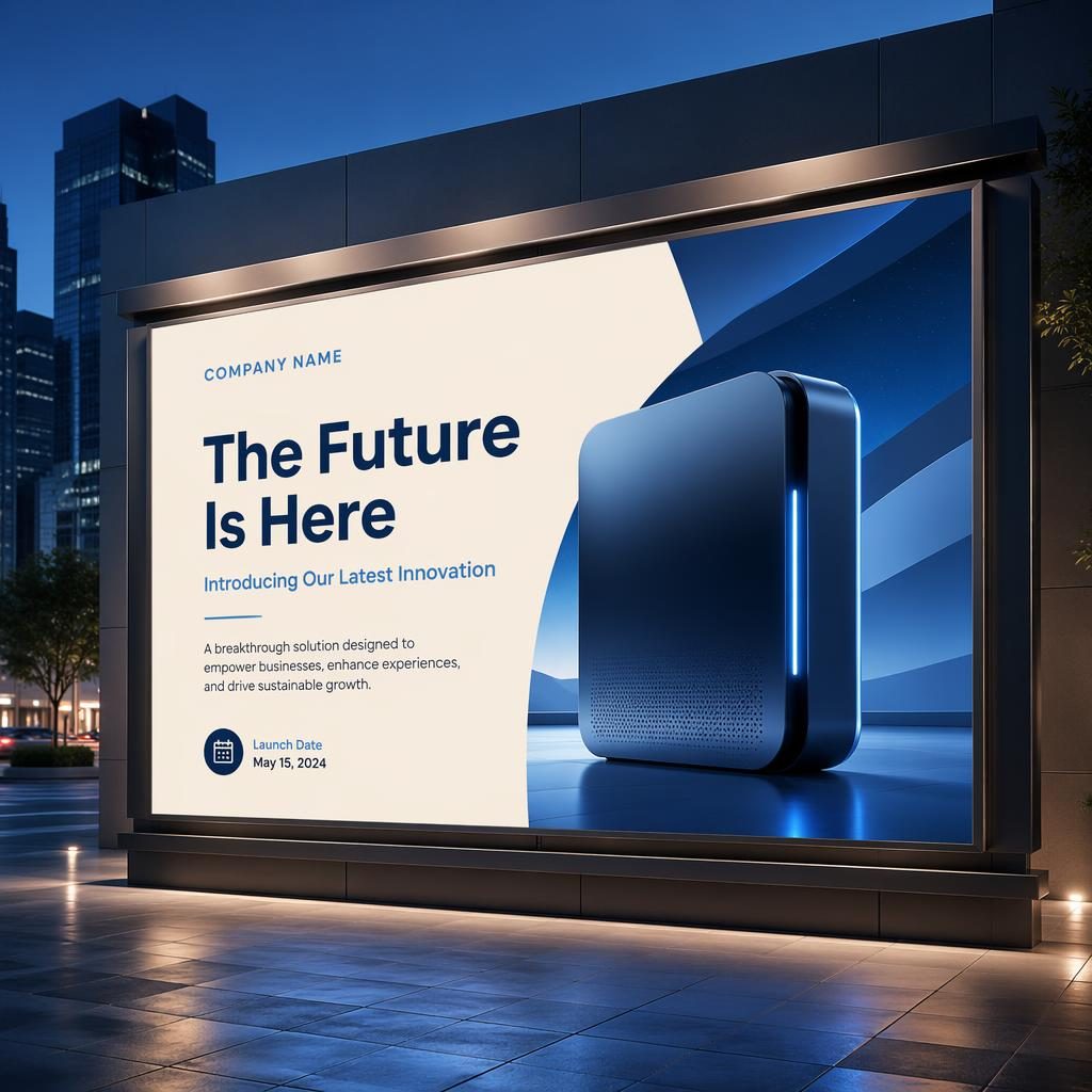 Fotorealistyczny baner reklamowy na nowoczesnym billboardzie w miejskiej scenerii, w kolorach tech blue i krem.
