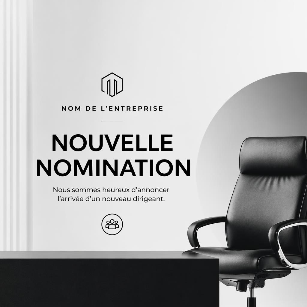 Bannière 16:9 minimaliste en palette monochrome avec silhouette de dirigeant, nom d’entreprise fictif et mise en page éditoriale centrée.