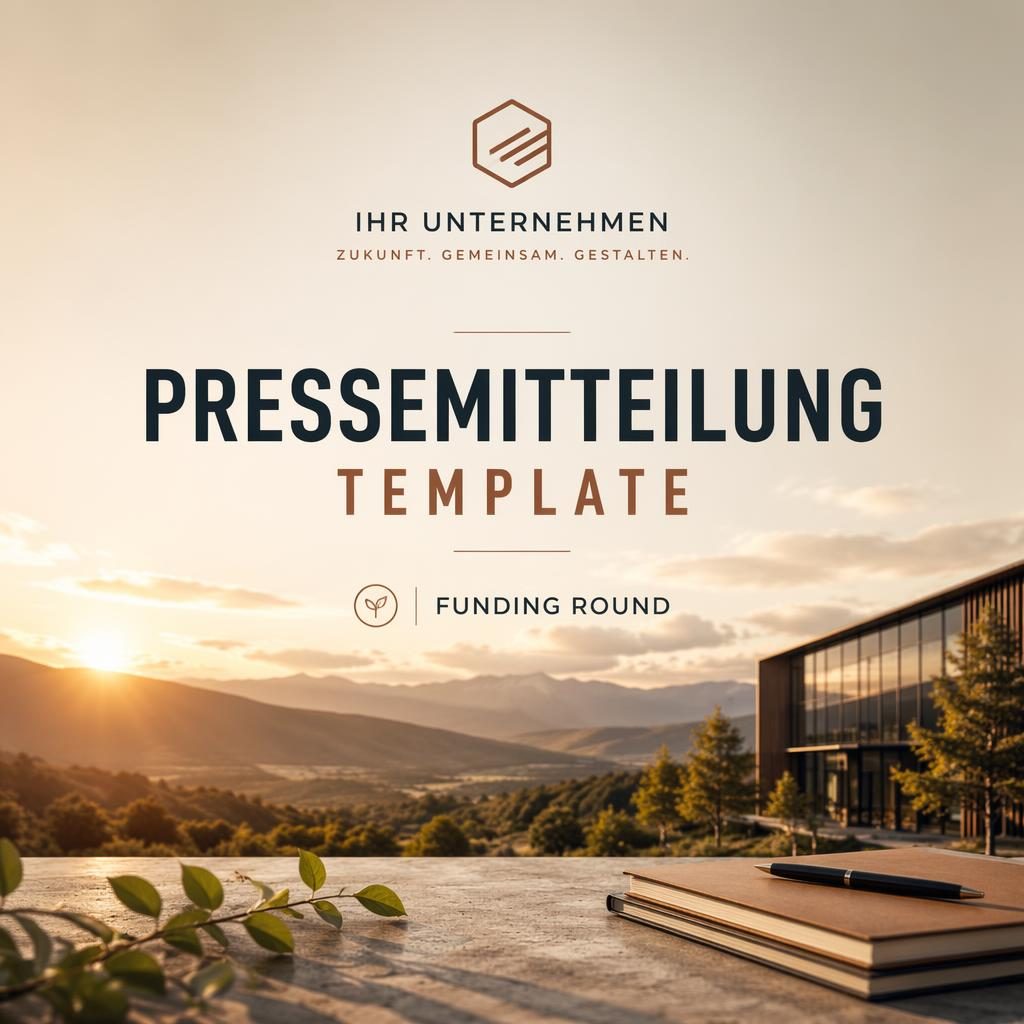 16:9 Headerbild für eine Finanzierungsrunde mit Platzhalter-Firmenname, klarer Typografie und warmer, seriöser Farbpalette