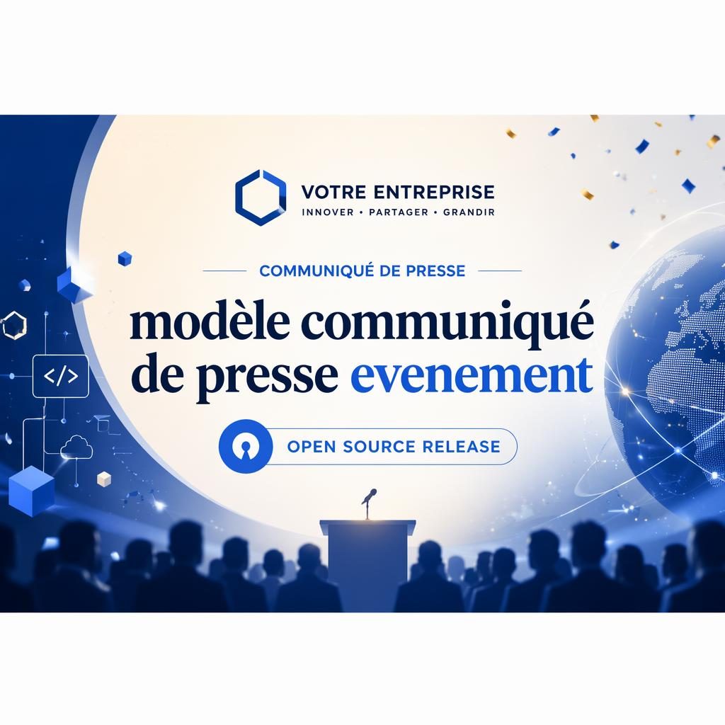 Bannière 16:9 bleu tech et crème, composition éditoriale centrée, typographie propre et visuel d’annonce open source.