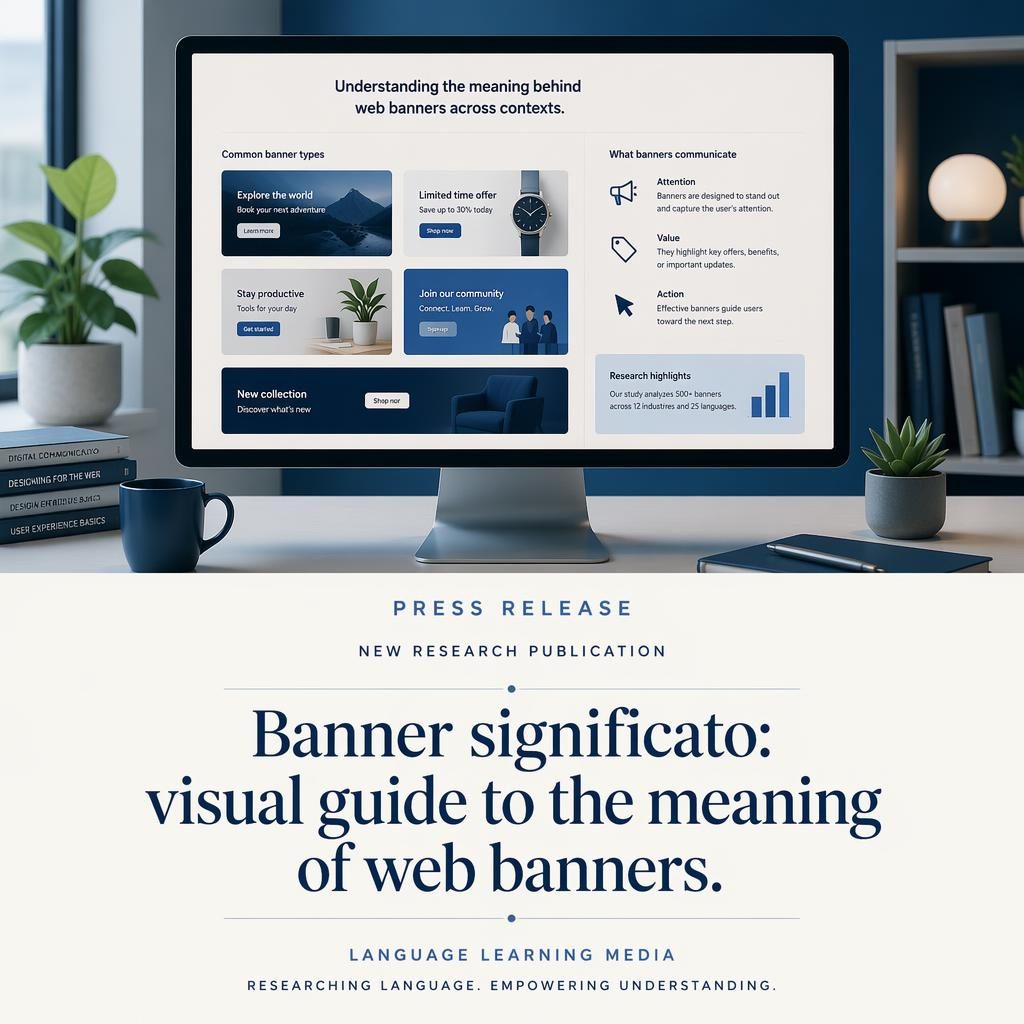 Scrivania editoriale moderna con grande schermo che mostra layout di banner web, grafica esplicativa e tipografia centrale.