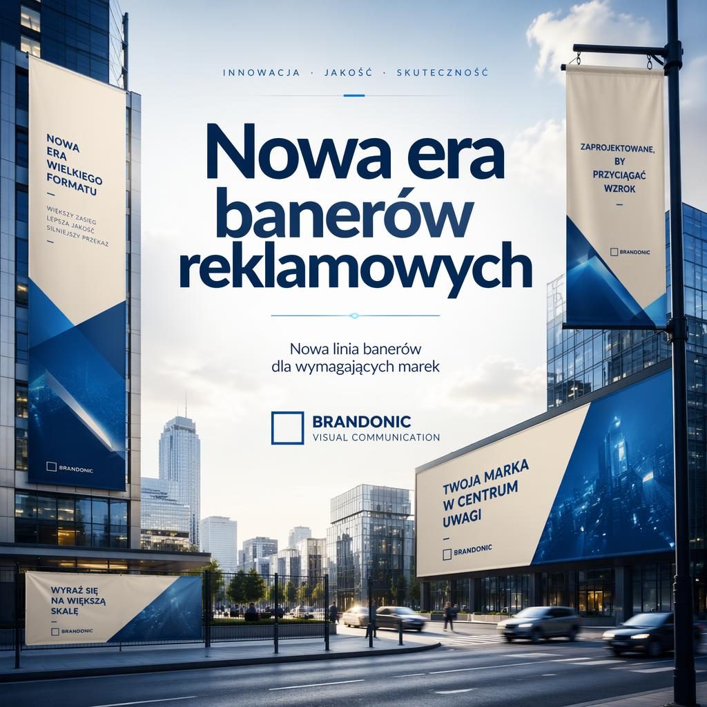 Nagłówkowa grafika prasowa z miejską ulicą, billboardem i instalacjami banerów reklamowych w niebiesko-kremowej palecie