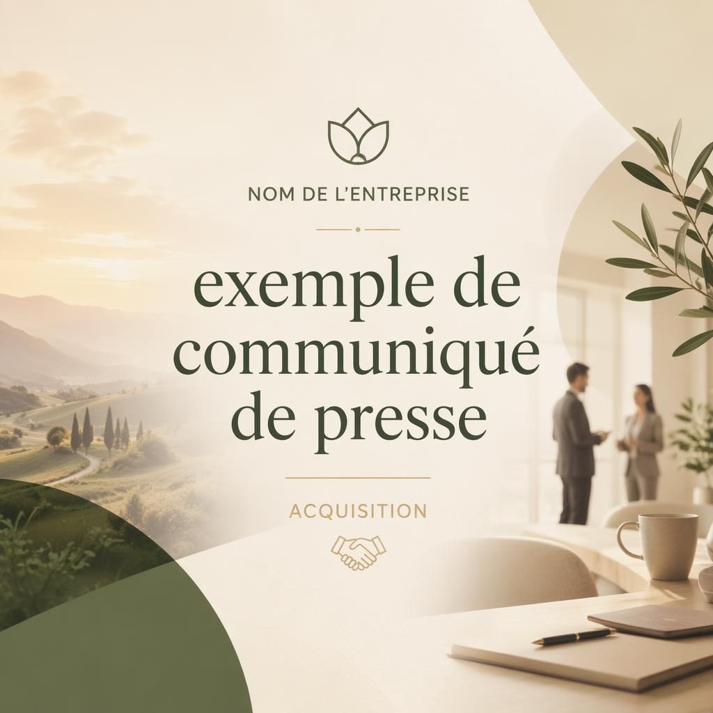 Bannière 16:9 éditoriale aux tons sauge et ivoire, avec typographie propre, nom d’entreprise fictif et annonce d’acquisition.