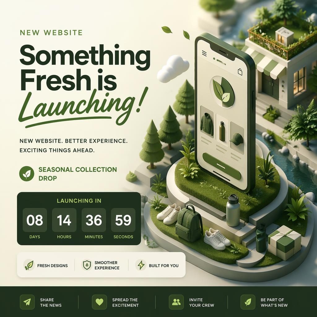 Isometric 3D launch poster in a climate green palette with abstract app product silhouette and countdown placeholder